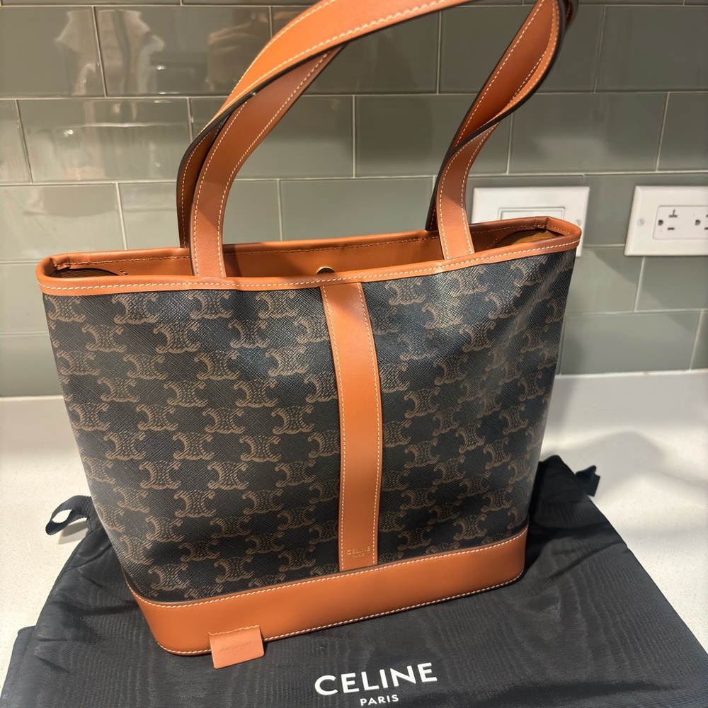 Celine Triomphe Canvas Tote in Brown and Tan